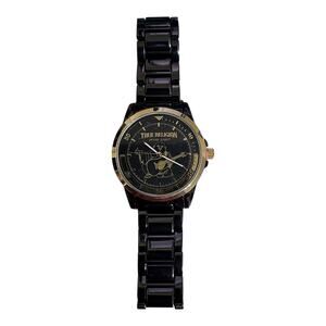 True Religion Men’s Gunmetal Gold Bracelet Buddha Guitar Logo Watch TRM102